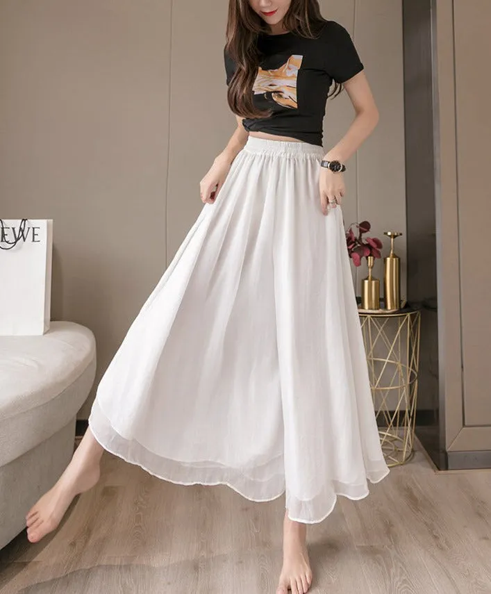 Double-layer Chiffon Wide-leg Pants Elastic Waist Nine-point Pants Thin Casual High-waisted PantsSkirt