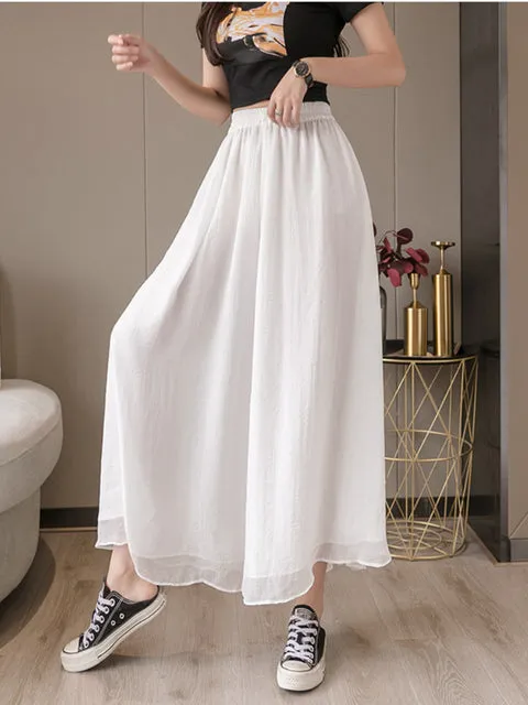Double-layer Chiffon Wide-leg Pants Elastic Waist Nine-point Pants Thin Casual High-waisted PantsSkirt