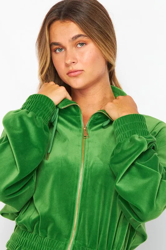 Gc Green Velour Funnel Neck Jacket Zip Up Pants Set