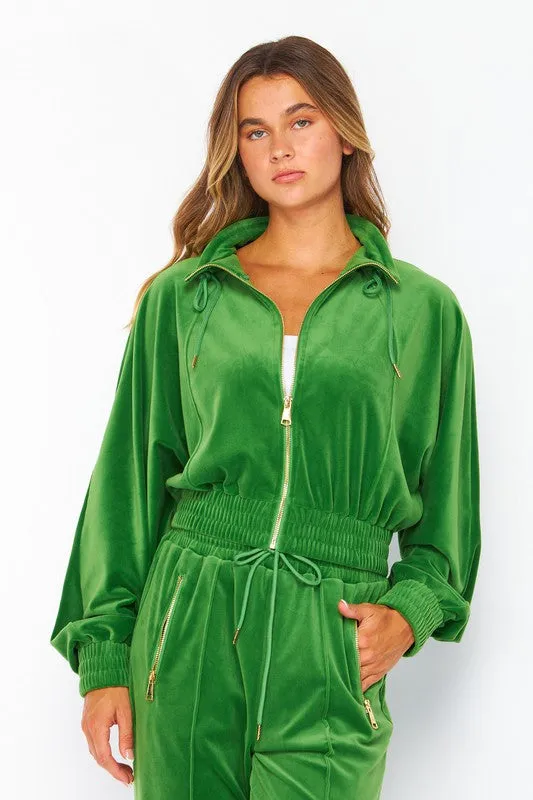 Gc Green Velour Funnel Neck Jacket Zip Up Pants Set