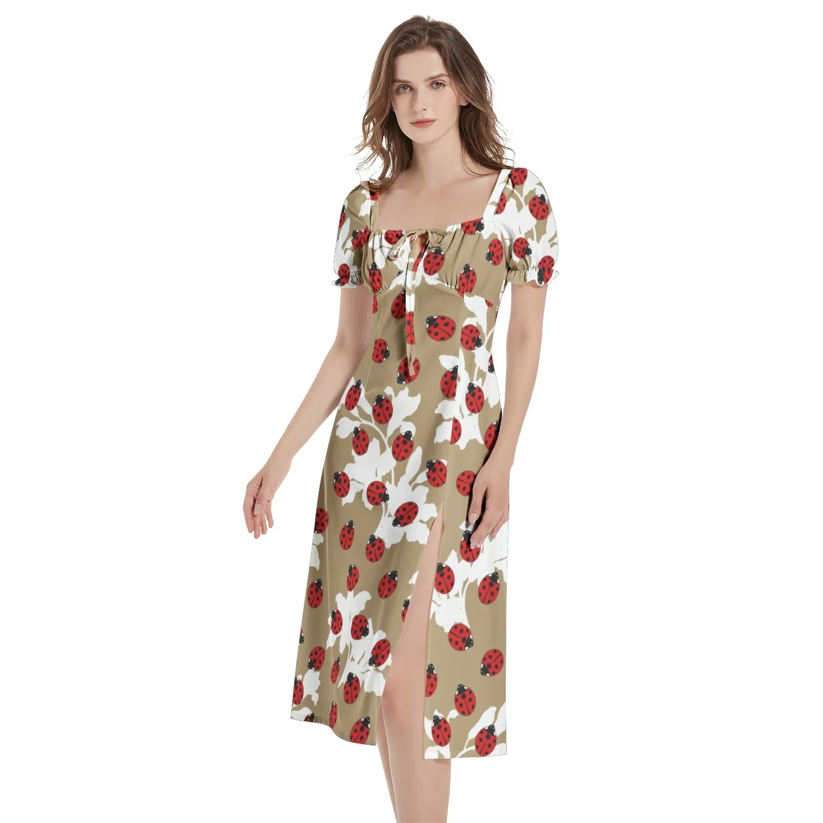 Puff Sleeve Split Thigh Midi Dress